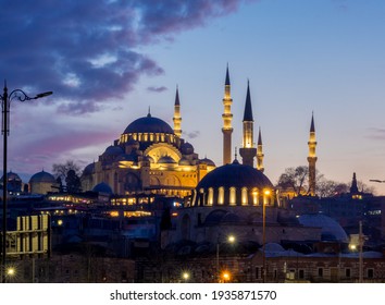 Suleymaniye Mosque and Rustem Pasha Mosque evening view, blue hour, historical district Eminonu general view