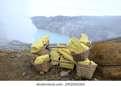 Sulfur carriers basket at Kawah Ijen, Java in Indonesia