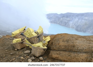Sulfur carriers basket at Kawah Ijen, Java in Indonesia