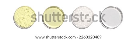 Sulfur Powder, Poly Aluminium chloride liquid, Microcrystalline wax and Alcohol in Petri dish. Chemical ingredient for Cosmetics and Toiletries product. Top View