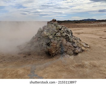 Sulfuric Rock Emitting Fumes And Yellow Sulfur In Hverir Iceland