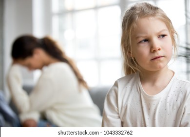 Sulky angry offended child girl pouting not talking to desperate mother tired of difficult kid, stubborn insulted daughter ignoring mom  disagreeing with punishment, family conflicts and misunderstand