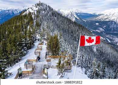 Sulphur Mountain trail, wooden stairs and boardwalks along the summit. Banff National Park, Canadian Rockies. AB, Canada