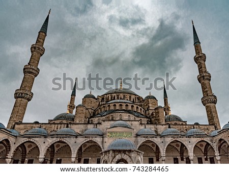 Sultan Ahmet Mosque in Istanbul, Turkey on a cloudy day.