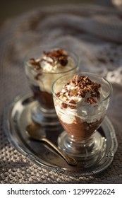 Sultan Cream, Dessert Popular In Communist Poland. Two Cups Full Of Cocoa Cream, Garnished With Chocolate And Raisins