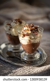 Sultan Cream, Dessert Popular In Communist Poland. Two Cups Full Of Cocoa Cream, Garnished With Chocolate And Raisins