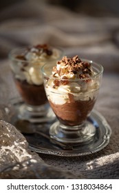 Sultan Cream, Dessert Popular In Communist Poland. Two Cups Full Of Cocoa Cream, Garnished With Chocolate And Raisins