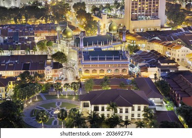 Sultan Mosque In Malay Kampong Glam At Night Aerial View In Singapore