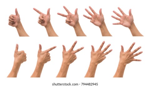 Sum 5 Picture Of Men Hand In Fron And Back Side With Show Number Collection Over White Background, Include Clipping Path