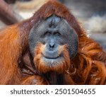 Sumatran orangutan (Pongo abelii) detail of the head. Extremely detailed face. The Sumatran orangutan is endemic to Sumatra and critically endangered. Beautiful vivid red hair.