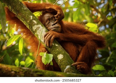 Sumatran orangutan in its whole beauty. Amazing sumatran jungle. Beautiful sumatran wildlife. Adventure paradise. Rare  and endangered species. Pongo abelii.