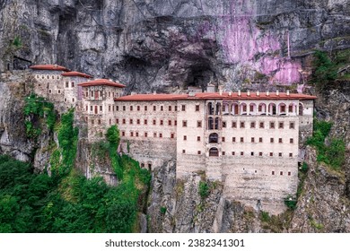 Sumela Monastery Turkish: Sümela Manastırı, is a Greek Orthodox monastery, in the Maçka district of Trabzon. The monastery is one of the most important historic and touristic venues in Trabzon. - Powered by Shutterstock