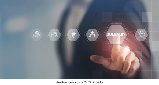 Summary concept. Summarize data, information, past performance analysis for development, improvement. The business  presentation of meeting, working, project summary for planning and making decision.