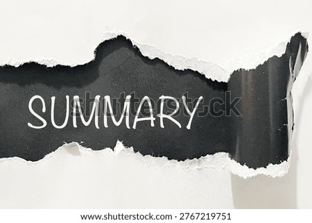 Summary text revealed through torn paper. Concept of report conclusion, business insight, and information highlight.
