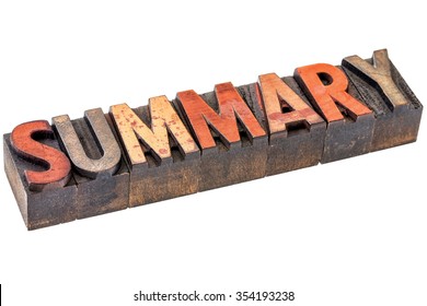 Summary Word Abstract - An Isolated Banner In Vintage Letterpress Wood Type Blocks Stained By Color Inks