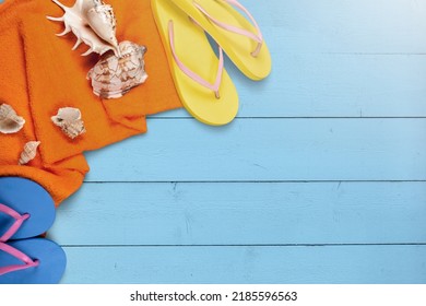 Summer Accessories On Blue Background. Sun Safety, Infant Sun Protection Concept.