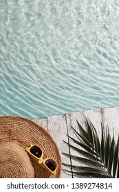 Summer Accessories On White Wooden Background. Summer Mood. Top View.