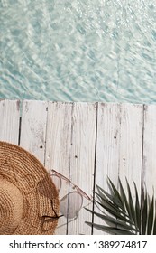 Summer Accessories On White Wooden Background. Summer Mood. Top View.