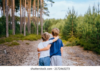 Summer Activity For Inquisitive Children. Rear View Of Two Children Siblings Holding By Hands In The Forest. Friends Hugging Together At Summer Vacation.