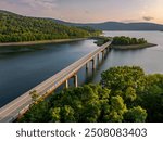 Summer aerial photo of the Route 10 bridge over the Cannonsville Reservoir, Delaware County, NY, NYC DEP water supply