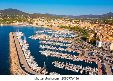 Summer aerial view of French coastal town of Sainte-Maxime on Mediterranean coast overlooking marina  - Shutterstock ID 2080776436