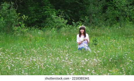 Summer, Amidst A Chamomile Lawn, In A Forest, A Young Woman, A Brunette Weaves A Wreath Of Chamomiles. High Quality Photo