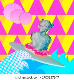 Summer Art Collage. Concept Ancient Greek Statue Of Woman Wearing Heart Shaped Sunglasses, Surfing And Waves. Geometric Colorful Background.