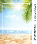 Summer background with frame, nature of tropical golden beach with rays of sun light and leaf palm. Golden sand beach close-up, sea,  blue sky, white clouds. Copy space, summer vacation concept.