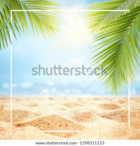 Summer background with frame, nature of tropical golden beach with rays of sun light and leaf palm. Golden sand beach close-up, sea water,  blue sky, white clouds. Copy space, summer vacation concept.