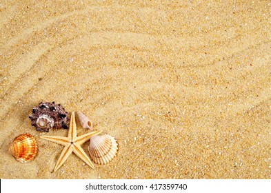 Summer background. Holiday season. Marine life. Card with sand and shells, copy space. Time for holiday. - Powered by Shutterstock