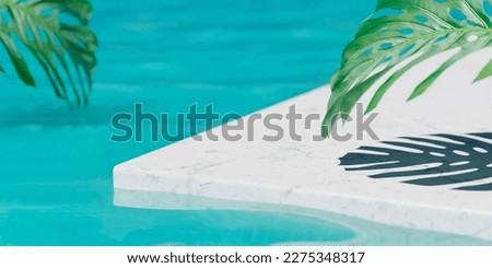 Summer background with marble podium in pool water and monstera leaf shade. Luxury hotel resort for product placement. 