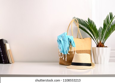 Summer Background With A Space For A Text, White Walls Home Interior With Summer Accessories 