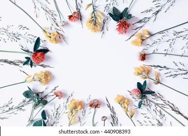 Summer background with wild flowers and herbs. Place for a replica. The top view. Minimal flat design. Vintage styling.