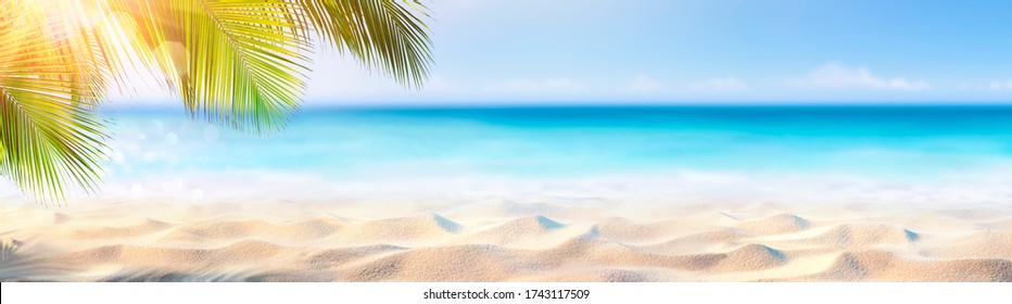Summer Banner - Sunny Sand With Palm Leaves In Tropical Beach - Shutterstock ID 1743117509