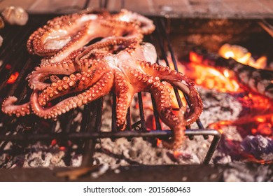 Summer Barbecue With Octopus In The Camping In Puglia