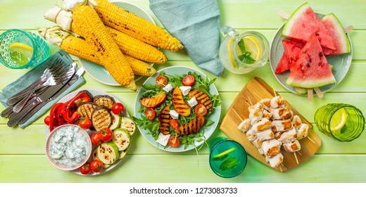 Summer Bbq Party Concept - Grilled Chicken, Vegetables, Corn, Salad, Top View, Copy Space