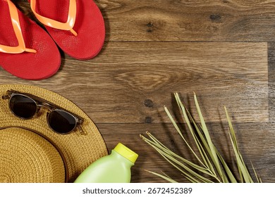 Summer Beach Essentials Featuring Flip-Flops, Straw Hat, and Sunglasses
