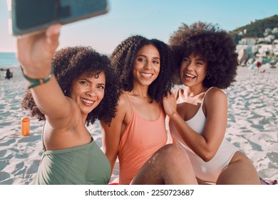 Summer, beach and friends taking a selfie with phone enjoy holiday, vacation and weekend getaway. Travel, happiness and group of black women smile for picture on adventure, freedom and fun by ocean - Powered by Shutterstock