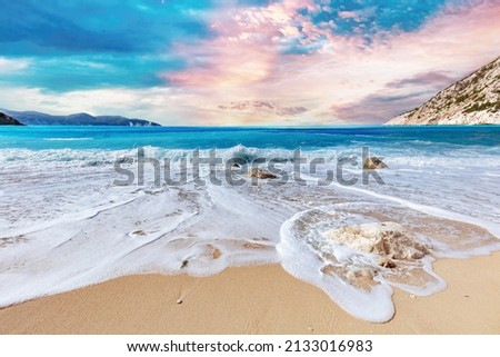 Summer beach in Greece. Myrtos beach in Kefalonia. Ionian sea at summer
