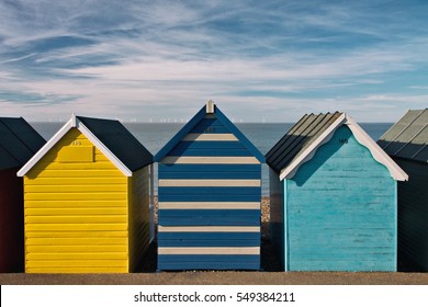 Summer Beach Huts On The Coast Of Kent In England