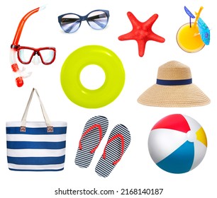 Summer beach items set isolated on white. Tourist beach objects.Colorful swiming things collection. - Shutterstock ID 2168140187