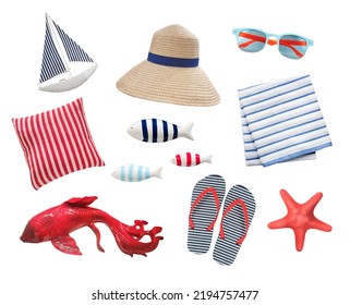 Summer beach items set isolated on white. Marine objects.Colorful sea collection. Collage of vocation things - Shutterstock ID 2194757477