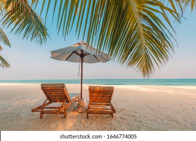 Summer beach landscape. Luxury vacation and holiday concept, summer travel banner. Panoramic landscape of sunset beach, two loungers umbrella, palm leaf, colorful sunset sky for paradise island view
 - Shutterstock ID 1646774005