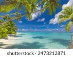 Summer beach landscape. Tropical island paradise. Exotic coast, palm trees, pristine sea, blue happy sky. Amazing nature pattern. Exotic destination travel background, vacation mood perfect wallpaper