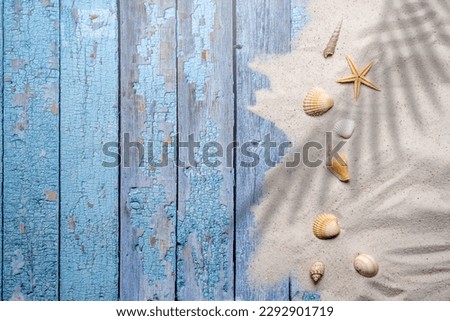 Summer, beach and vacation concept with free text space. Top view. Flat layout with various sea shells and fine beach sand on an old blue wooden boards background with a palm leaf shade