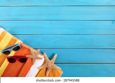Summer beach vacation, couple sunbathing background, sunglasses, copy space