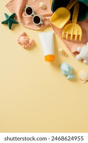 Summer Beach Vacation Essentials. Flat lay composition with holiday accessories including a stylish sunglasses, protective sunscreen lotion, colorful children’s sand toys like buckets and rakes.