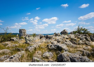 Summer beautiful lanscape of the stone desert, Pobiti Kamani park  in Bulgaria.Scenic photo with blue sky