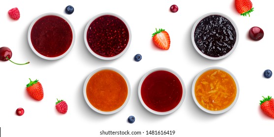 Summer berries with jam in ceramic bowls top view. Strawberries, whole and halves, blueberries, cranberries, cherries flat lay. Wildberries dessert, sweet marmalade, delicious confiture in white plate - Shutterstock ID 1481616419