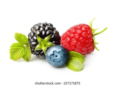 Summer berry fruits. Berries. Raspberry, Blueberry, Blackberry Isolated on White Background
